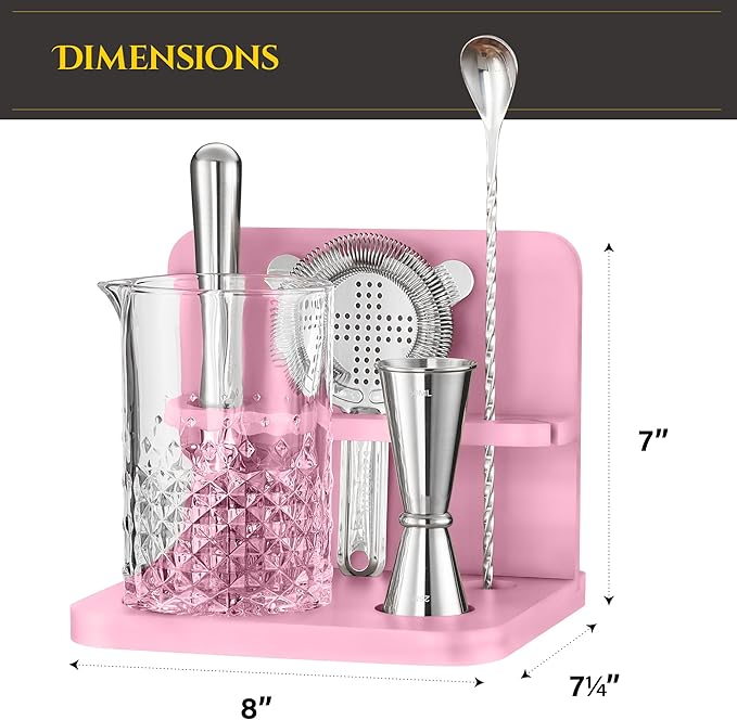 Crystal Cocktail Mixing Glass Set with Bamboo Stand - 22 Oz 650ml - Thick and Sturdy Bottom, Durable and Seamless Design with Bar Accessories, Pink