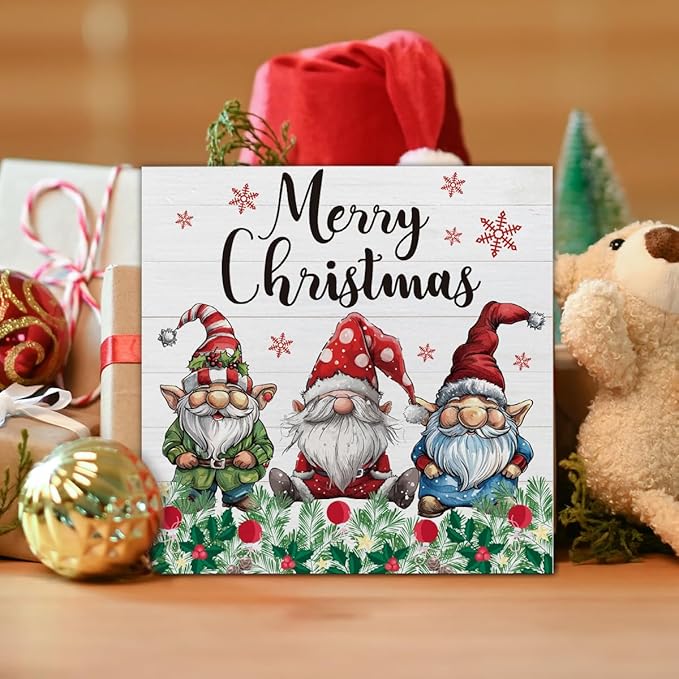 Christmas Signs, Merry Christmas Wooden Sign Decor, Christmas Gnomes Wooden Block Sign, Indoor Christmas Decor for Table Shelf 5 x 5 Inch
