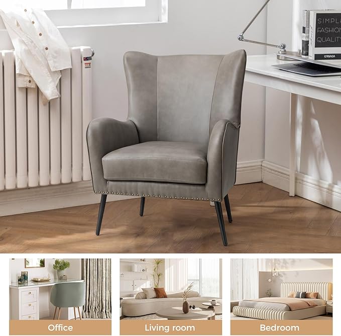 HULALA Home Faux Leather Accent Chair Set of 2 w/Removable Cushion, Comfy Upholstered Armchair with Metal Legs & Nailhead Trim Wingback Vanity Chair Desk Chair for Reading Living Room Bedroom, Grey
