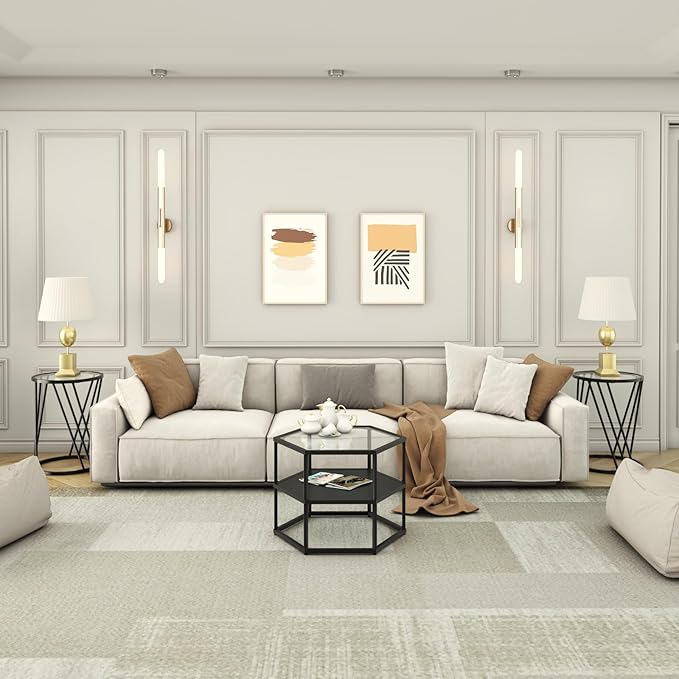 Round Side Table, Modern End Tables for Living Room Office Small Spaces, Glass Black End Table with Metal Frames, Nightstand for Bedroom, Bedside Furniture, Easy Assembly