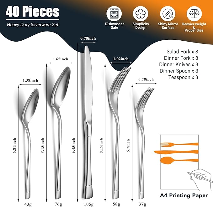 Heavy Duty Silverware Set for 8, 40-Piece 18/10 Stainless Steel Flatware Set, Mirror Polished Cutlery Modern Kitchen Eating Utensil Durable Tableware Included Knife Fork Spoon, Dishwasher Safe