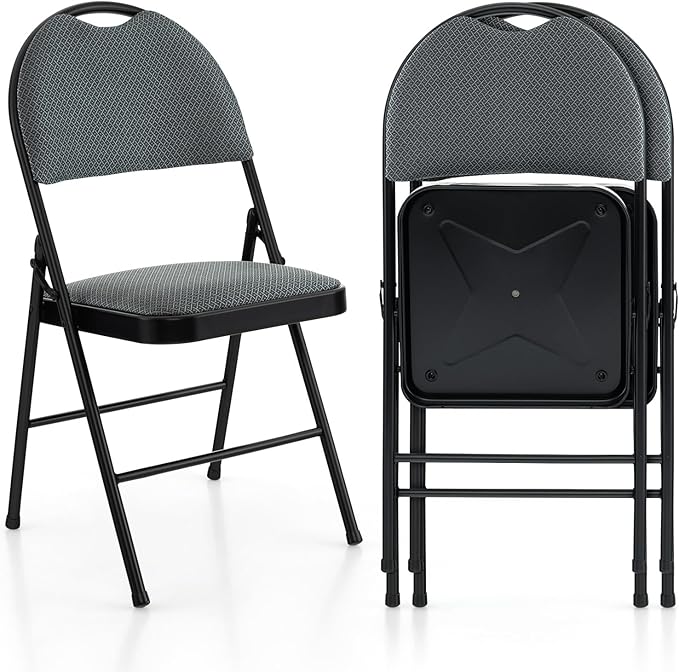 POWERSTONE Folding Chairs 2 Pack, Foldable Chair Set with Padded, Handle Hole and Metal Frame Dining Chair Set for Indoor and Outdoor, School, Office and Garden Party (Grey)