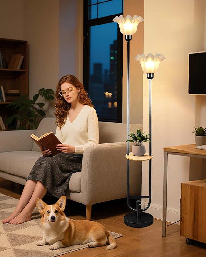 Lightdot Dimmable Flower Floor Lamp for Living Room, Modern Mid Century Floor Lamp with Table, Black Tall Standing Lamp for Bedroom & Home Decor