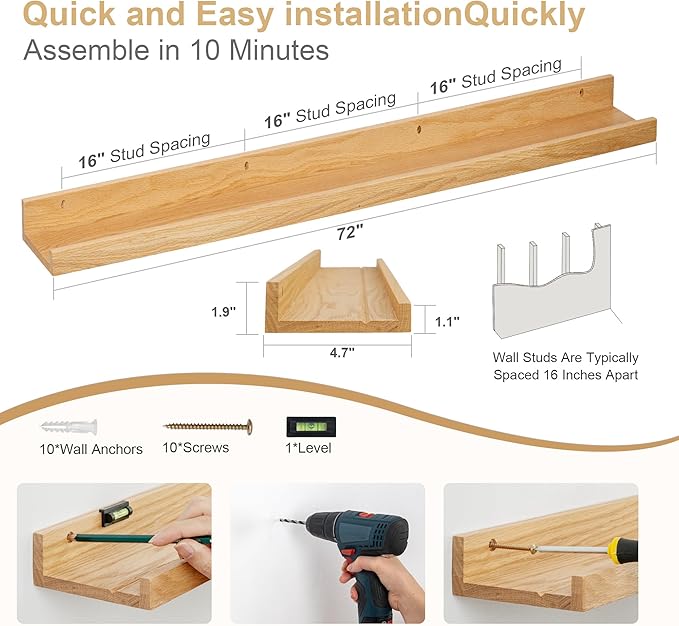 Floating Picture Ledge Shelves 72 Inch Solid Oak Wood Set of 2, Rustic Wall Storage Shelves with Lip, Kids Bookshelf, Photo & Picture Ledge Shelves for Bedroom, Living Room, Kitchen