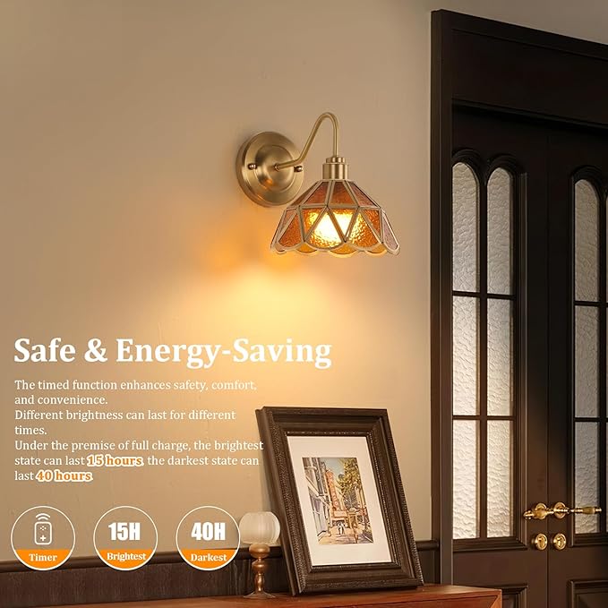Vintage Battery Operated Wall Sconce Set of 2 with Remote, Rechargeable Wall Lamp 3 Colors Dimmable, Gold Lights Fixture for Bedroom Living Room Hallway Coffee Stone Triangle Checker