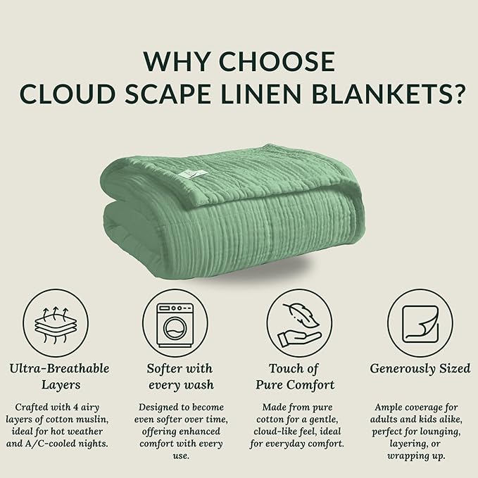 Cloud Scape Linen Extra Large 4 Layer Muslin Throw Blanket - 100% Cotton Gauze, Lightweight & Breathable All Season, Pre-Washed, for Couch & Bed, 50x70, Olive Green