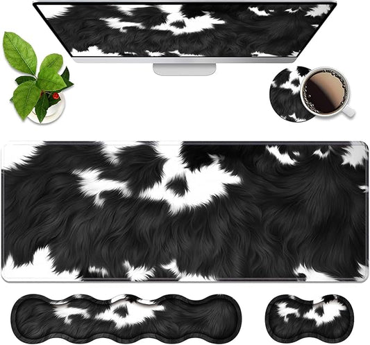 4 in 1 Ergonomic Memory Foam Mouse Pad Wrist Rest Set, Large XXL Gaming Desk Pad + Keyboard Wrist Rest + Mouse Wrist Cushion + Coaster for Home Office Study Gaming, Black and White Cow Print