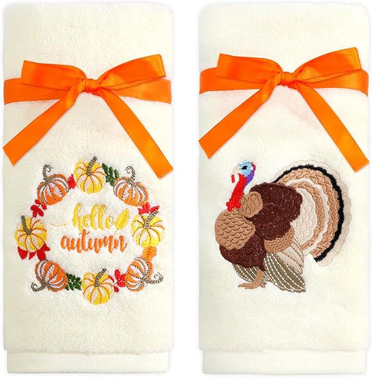 Fancy Land 2 Pcs Fall Thanksgiving Hand Towels Embroidered Vintage Turkey Pumpkin Bathroom Kitchen Towels Thanksgiving Gifts Decor 13.8 x 29.5 Inches