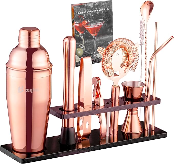 Bartender Kit with Stand, 11 Piece Set, Cocktail Shaker Set 24 oz Shaker Bar Tool Set for Beginner with Recipe