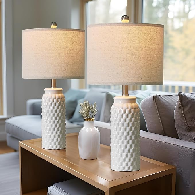 24" Modern Ceramic White Bedside Lamp Set of 2 Table Lamp for Bedroom Decor Farmhouse Table Lamp for Living Room Office Dorm