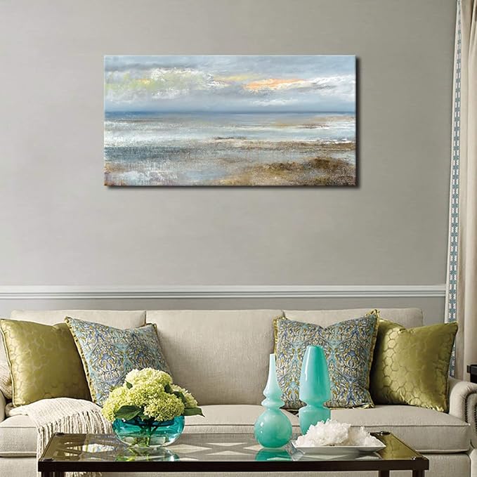 Abstract Wall Art Large Canvas Pictures Modern Blue Ocean Artwork on Canvas Prints Wall Decoration for Living Room Bedroom Bathroom Kitchen Office Home Wall Decor Framed Ready to Hang 24" x 48"