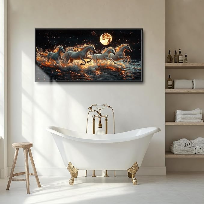 Horse Wall Art, White Horses Pictures Wall Decor, Running Animal in Moonlight Canvas Prints Painting, Large Framed Artwork for Living Room Office Bedroom Bathroom Corridor 60"x 30"