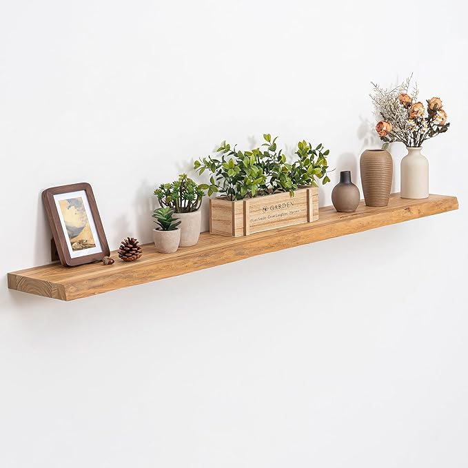 Floating Shelves, 8" Deep Rustic Solid Wood Wall Mounted Floating Shelves, Wall Shelves with Invisible Bracket for Living Room Bathroom Bedroom Kitchen, 55 Inch, Natural