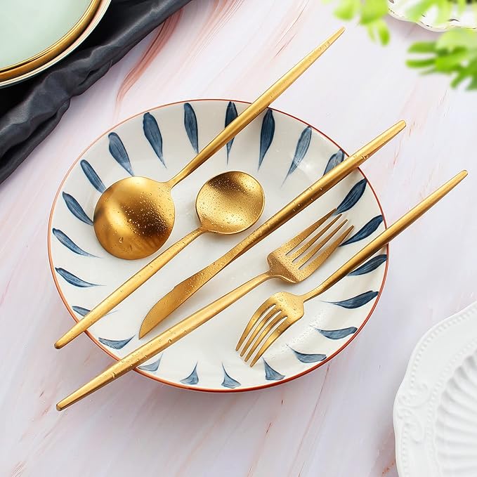 Matte Gold Silverware Set for 4, IBIILII JEFF 20 Pieces Stainless Steel Flatware Set，Kitchen Utensil Set, Tableware Cutlery Set, Knife Spoons And Forks Set, Satin Finished Polished & Dishwasher Safe