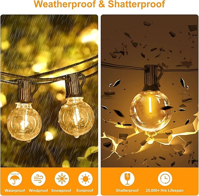 Outdoor String Light 50FT Patio Black with 52 Shatterproof G40 LED Clear Globe Bulbs for Indoor/Outdoor, Connectable Hanging Lights for Backyard Balcony Party Decor
