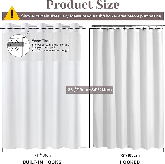 No Hook Slub Textured Shower Curtain with Snap in Liner - White Fabric Outer Curtain & Waterproof Inner Liner, Hotel Style with See Through Top Window, 71x86 in