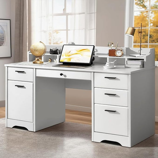 White Desk with 6 Drawers, 58 Inch Executive Desk with Hutch, White Wood Computer Desk with Storage for Bedroom, Home Office Desk with File Cabinet