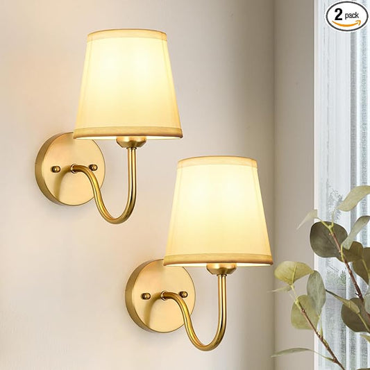 Wall Sconce Set of 2, Gold Bathroom Vanity Sconces Wall Lighting, Indoor Wall Lights with Light Beige Fabric Shades, Wall Mounted Lamps for Bedroom Living Room Hallway