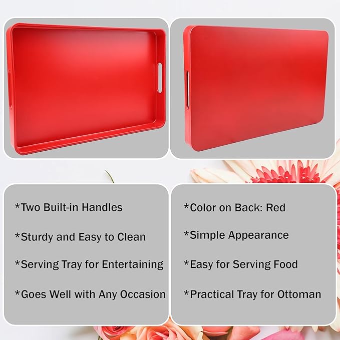 Red Decorative Serving Tray with Handles, Plastic Coffee Table Tray for Outdoor Patio, Living Room, Ottoman, Bathroom Counter, 10.2”*15.7”*1.4”