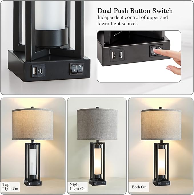 RORIANO Set of 2 Modern Table Lamps for Living Room with USB C+A Ports, Rustic Nightstand Lamp with White Night Light, Retro Desk Lamp for Bedroom End Table Entryway, 4 Bulb Included (Black)