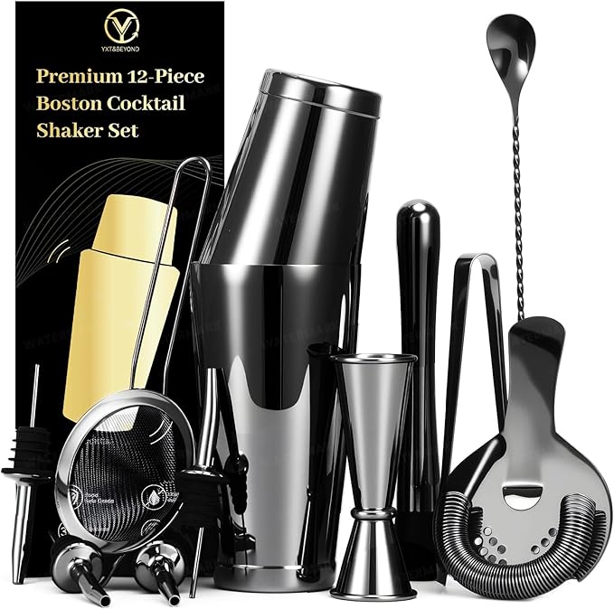 YXT & BEYOND Black Cocktail Shaker Set - 12-Piece Stainless Steel 30oz+20oz Bartender Kit Bar Tools Set: Boston Shaker, Jigger, Mixer Spoon, Muddler, Martini Barware Mixing Tools | Housewarming Gift