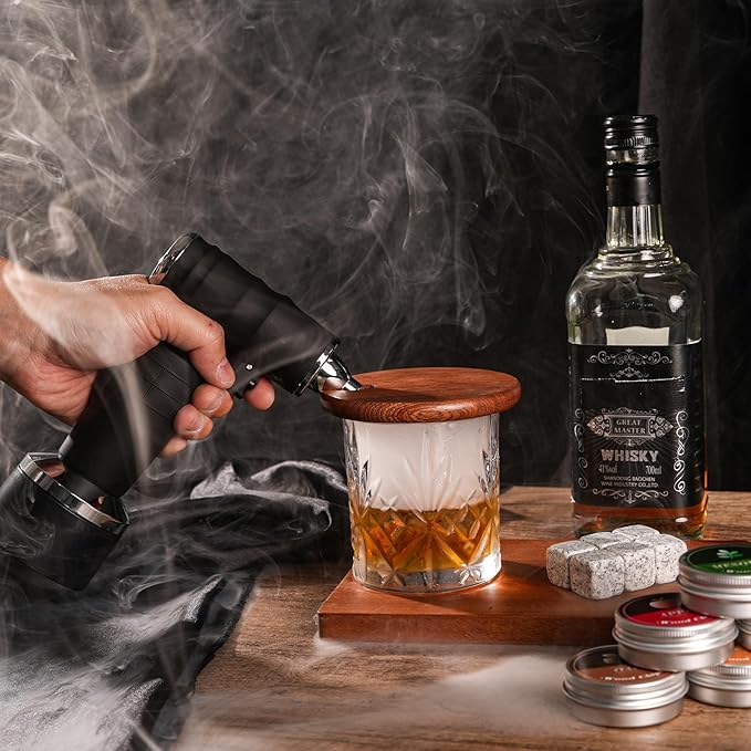 Whiskey Smoker Electric Set Bourbon for Men Old Fashioned Smoker Drink with 6 Wood Chips and 6 Whiskey Stones Food and Cocktail Smoked Kitchen Bar Tools Cool White Elephant Gifts Black
