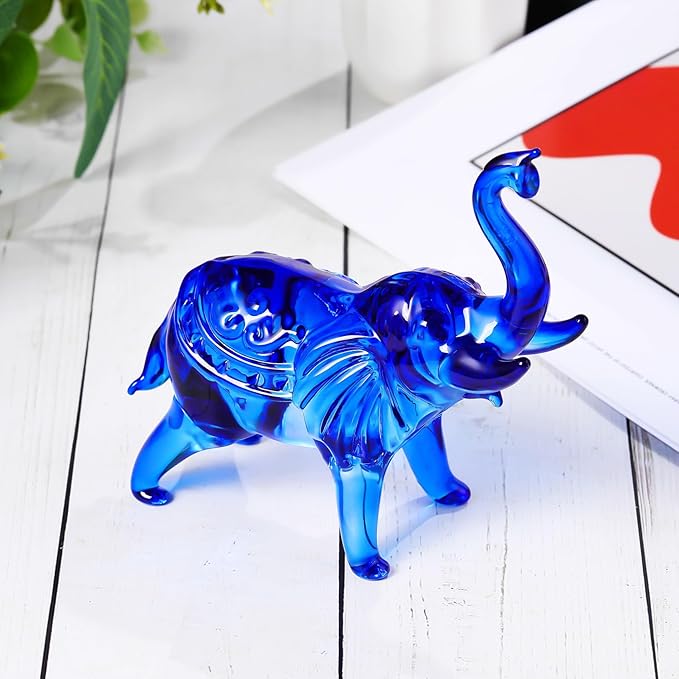 YWHL Blue Crystal Elephant Figurine Gifts for Women & Men, Glass Elephant Statue for Home & Office Decor, Handmade Art Animals Collectible