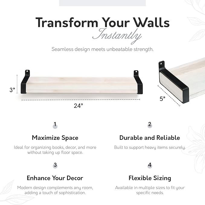 InPlace Wall Mounted Floating Shelf, Real Wood Industrial Bracket Ledge, 5" D x 24" W x 3" H, Distressed White, Heavy-Duty for Living Room, Bathroom, Kitchen, Office 9602114E