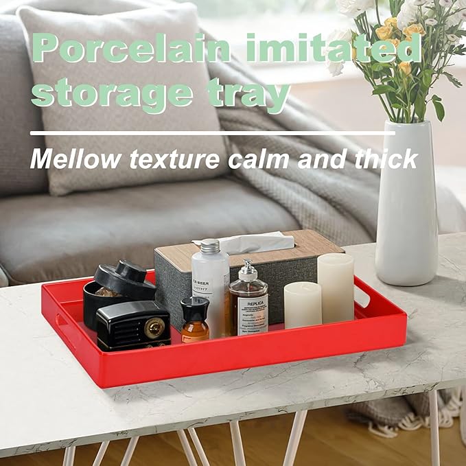 Serving Tray with Handles-10x15Inch Red Melamine Modern Serving Platters,Serving Wine,Coffee,Breakfast/Kitchen Countertop Tray/Makeup Drawer Organizer/Vanity Table Tray/Decorative Tray