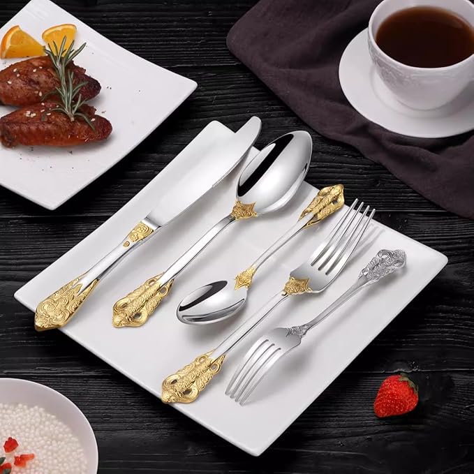30-Pcs Luxury Silverware Set, Royal Flatware Set, Modern 304 Stainless Steel Flatware, Cutlery, Tableware (Gold & Silver, 30)