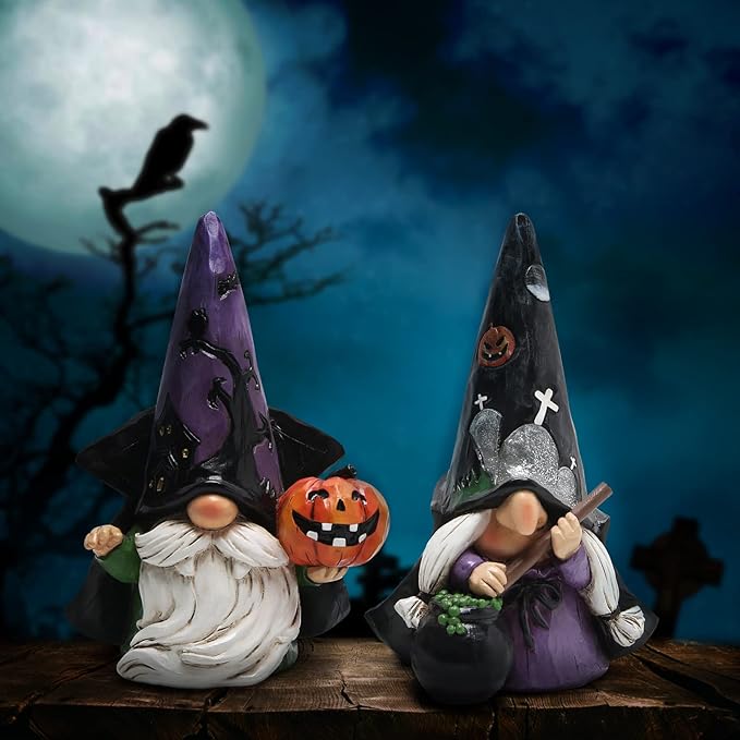 Hodao 2pcs Halloween Gnomes Decorations Handmade Scandinavian Gnome Ornaments Halloween Witch Firgurines Decor Pumpkin Home Table Decorations Gifts (Black)