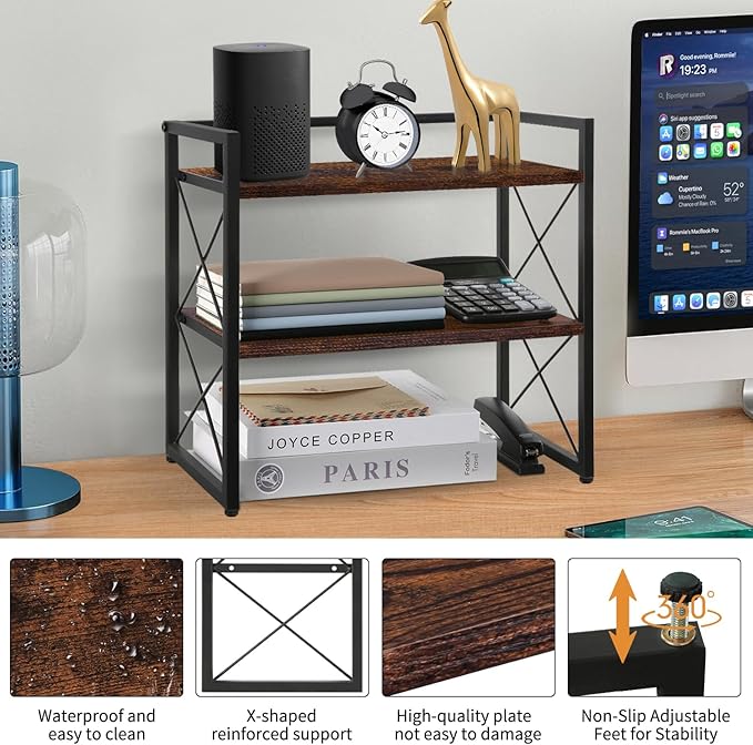 YINMIT Desktop Shelf Organizer, 2 Tier Office Shelves, Wood Desk Organizer Storage Rack and Freestanding Display Shelf for Office, Dormitory, Home (Brown)