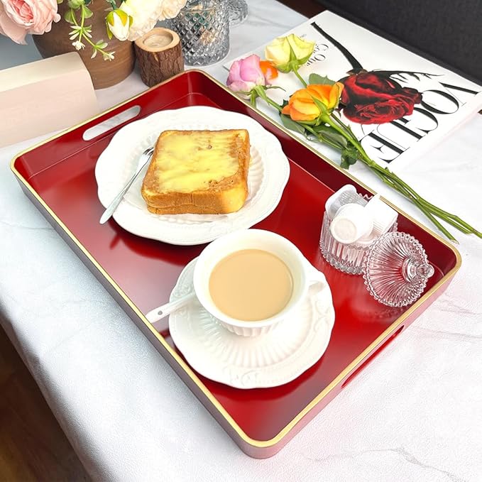 Red Decorative Tray, Serving Tray with Handles, Plastic Rectangular Tray for Ottoman, Coffee Table, Bathroom, Living Room. 15.7"*10.2"