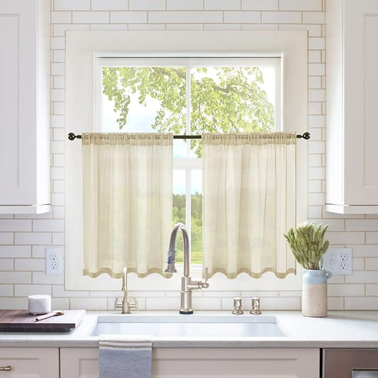 MIULEE 2 Panels Kitchen Tiers Half Window Sheer Curtains Rod Pocket Translucent Voile Drape for Kitchen Bathroom Small Windows 29 by 36 Inch Beige