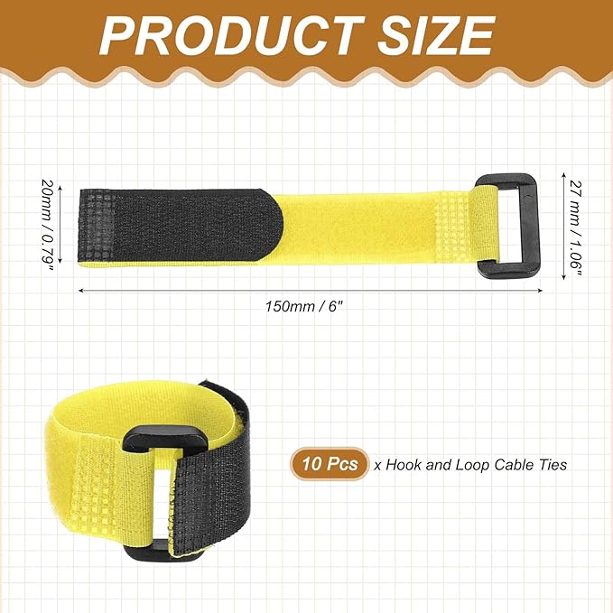 PATIKIL 6 x 0.79 Inch Reusable Cable Ties 10 Pcs Adjustable Hook and Loop Straps Cord Management Wire Wrap Cord Ties Organizer for Home Office Cables, Yellow