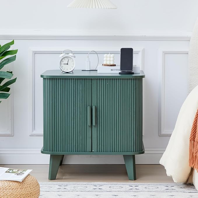 AVZEAR 24" Large Fluted End Table with Charging Station, Farmhouse Sofa Side Table with Sliding Tambour Door & Storage, Curved Rustic Wood Nightstand for Living Room, Bedroom, Green