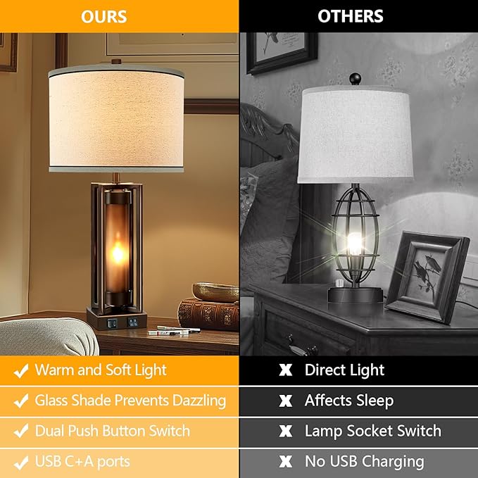 RORIANO Rustic Table Lamps for Living Room with USB C+A Ports, Farmhouse Vintage Nightstand Lamp with Amber Acrylic Night Light, Retro Desk Lamp for Bedroom Entryway Dorm, 2 Bulbs Included (Brown)
