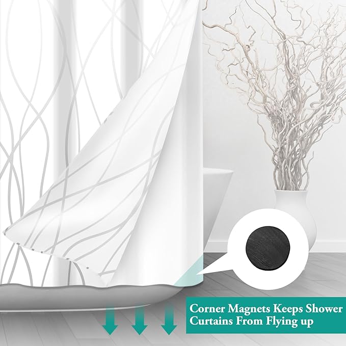 No Hook Ombre Grey White Striped Long Shower Curtain with Snap in Liner Set - Hotel Shower Curtain and Liner Set with See Through Mesh Top Window,Machine Washable, 71x86 INCH