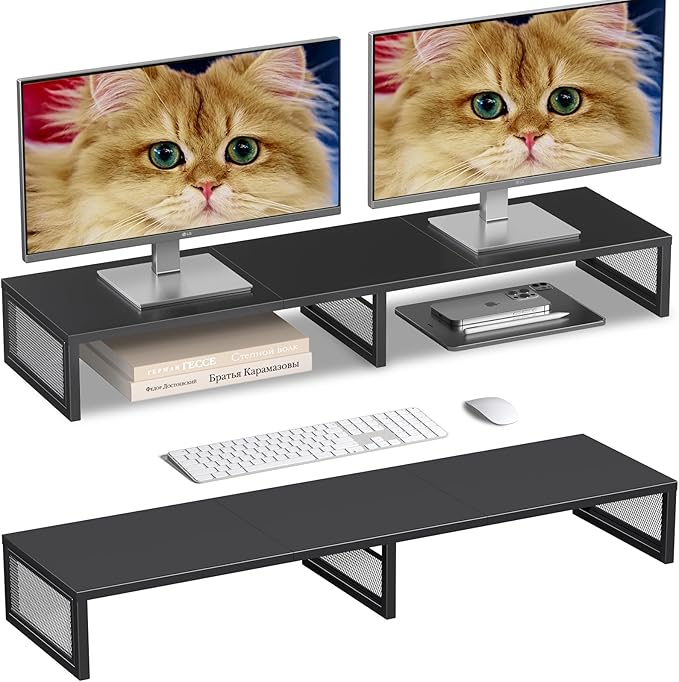 Dual Computer Monitor Stand Riser, Desk Organizers and Accessories, Printer & TV Stand, Desk Shelf, Office Desk Accessories & Desktop Workspace Organizer for Office Supplies, Black