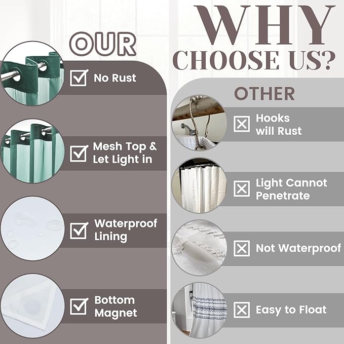 No Hook Slub Textured Shower Curtain with Snap in Liner - Peacock Blue Fabric Outer Curtain & Waterproof Inner Liner, Hotel Style with See Through Top Window, 71x74 in