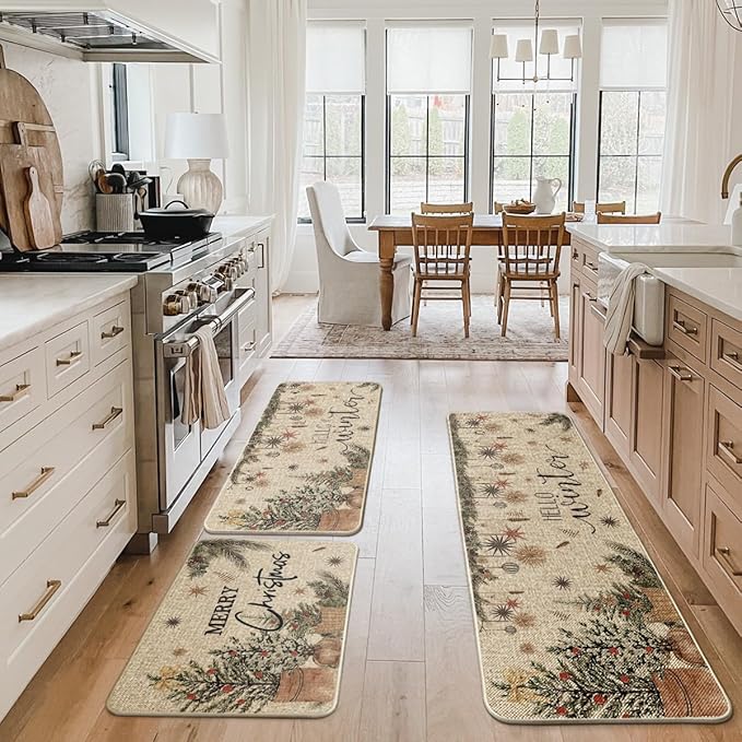 Artoid Mode Holly Ornament Merry Christmas Kitchen Mats Set of 2, Winter Home Decor Low-Profile Kitchen Rugs for Floor - 24"x36"+24"x59"+24"x72"