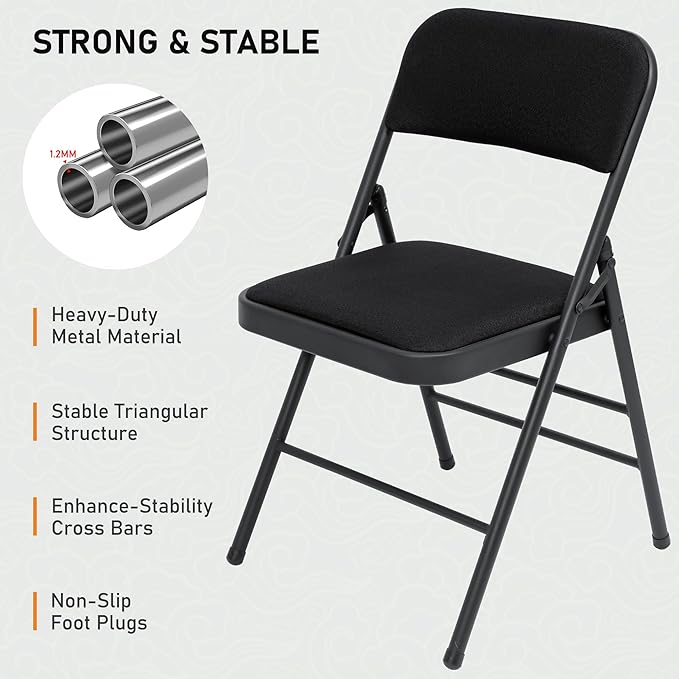 SEALAMB 4 Pack Fabric Folding Chairs with Padded Seats & Cushion, Metal Foldable Chairs for Wedding Party, Commercial Chairs for Office School Church Events, 350lb Capacity (Black-Fabric, 4 Pack)
