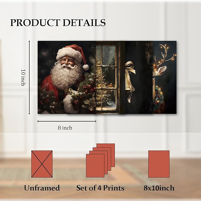 TFKFJLF Vintage Christmas Santa Wall Art Poster Decor, Aesthetic Christmas Tree Wall Decor, Xmas Holidays Decorations for Bathroom Bedroom Living Room Office, Unframed 8x10in Set of 4