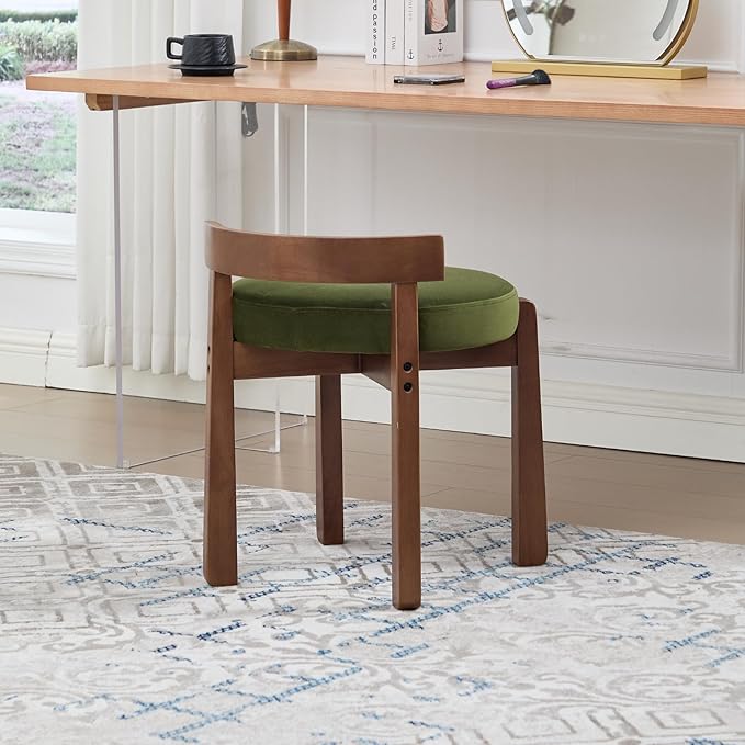 DUOMAY Modern Velvet Vanity Stool, Upholstered Low Back Ottoman with Solid Wood Legs Cute Round Footrest Makeup Stool Dressing Seat for Living Room Bedroom, Green