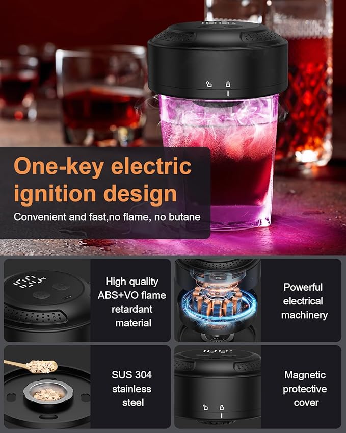 Electric Whiskey Smoker Kit, Old Fashioned Smoker Kit with 6 Wood Chips, Built-in Lighter & Ambient Light, Gifts for Men Dad Husband Whiskey Lovers (Birthday/Christmas)