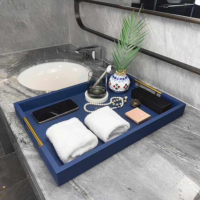 14x20 Inches Blue Faux Leather Wrapped Wood Serving Tray with Metal Handles for Various Occasions, Ottoman, Home Decor Decorative, Living Room, Coffee Table Organizer, Serving Breakfast On Bed