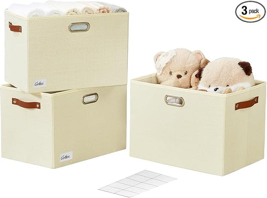 3-Pack Foldable Fabric Storage Bins with Durable PU & Metal Handles, Collapsible Storage Baskets for Shelves, Home Storage, Closet Organizers, Living Room(17"x11.8"x11.8", Beige)