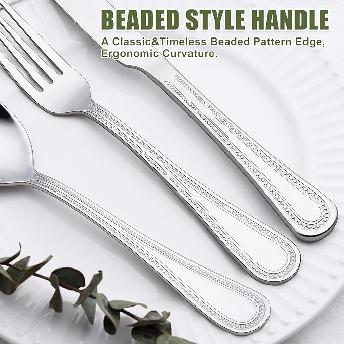 60-Piece Silverware Set for 12, Stainless Steel Flatware, Mirror Polished Cutlery Set, Utensils Include Spoons, Forks, Knives for Home, Restaurant, Beaded Handle, Dishwasher Safe