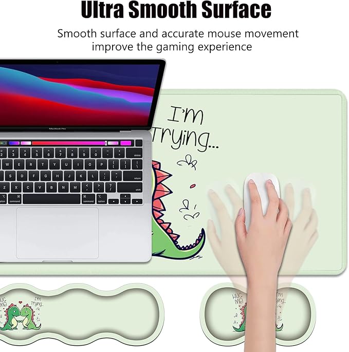 4 in 1 Ergonomic Memory Foam Mouse Pad Wrist Rest Set, Large XXL Gaming Desk Pad + Keyboard Wrist Rest + Mouse Wrist Cushion + Coaster for Home Office Study Gaming, Cute Little Dinosaur
