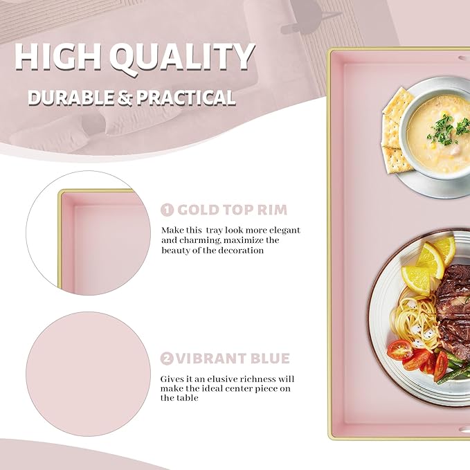 MAONAME Decorative Tray, Pink Serving Tray with Handles, Coffee Table Trays, Square Plastic Trays for Ottoman, Bathroom, Kitchen, 13"x13"x1.57"